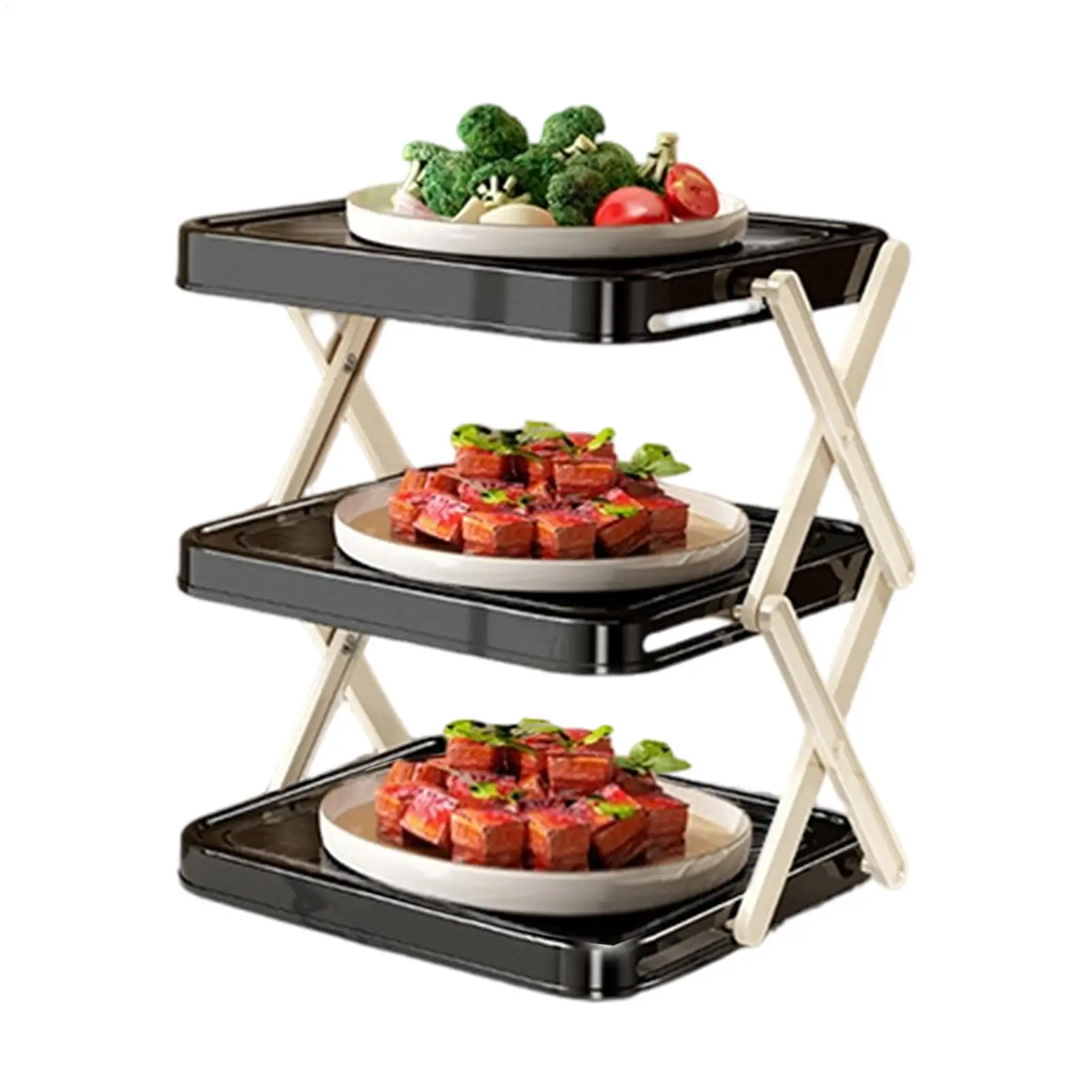 

Foldable Plate Rack Cuisine Tray Organizer 3-Layer Space-saving Kitchen Food Display Rack For Cooking Chefs Living Room Home