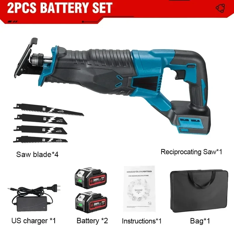 3000W Cordless Reciprocating Saw Electric Saber Saw for Metal Wood Pipe Cutting with 4 Blades Kit For 18v Battery