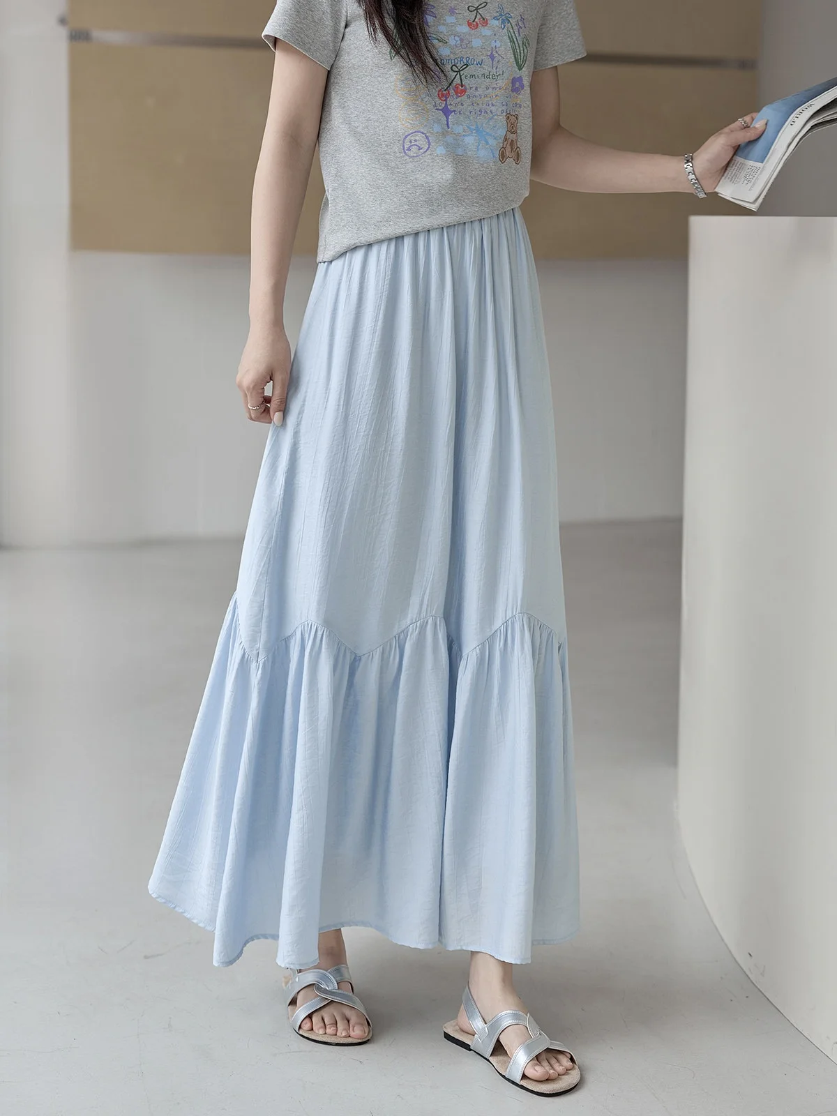 

Юбка миди А-силуэта с высокой талией, синяя, летняя, 2026, новый дизайн, с драпировкой, женская, для офиса, в корейском стиле