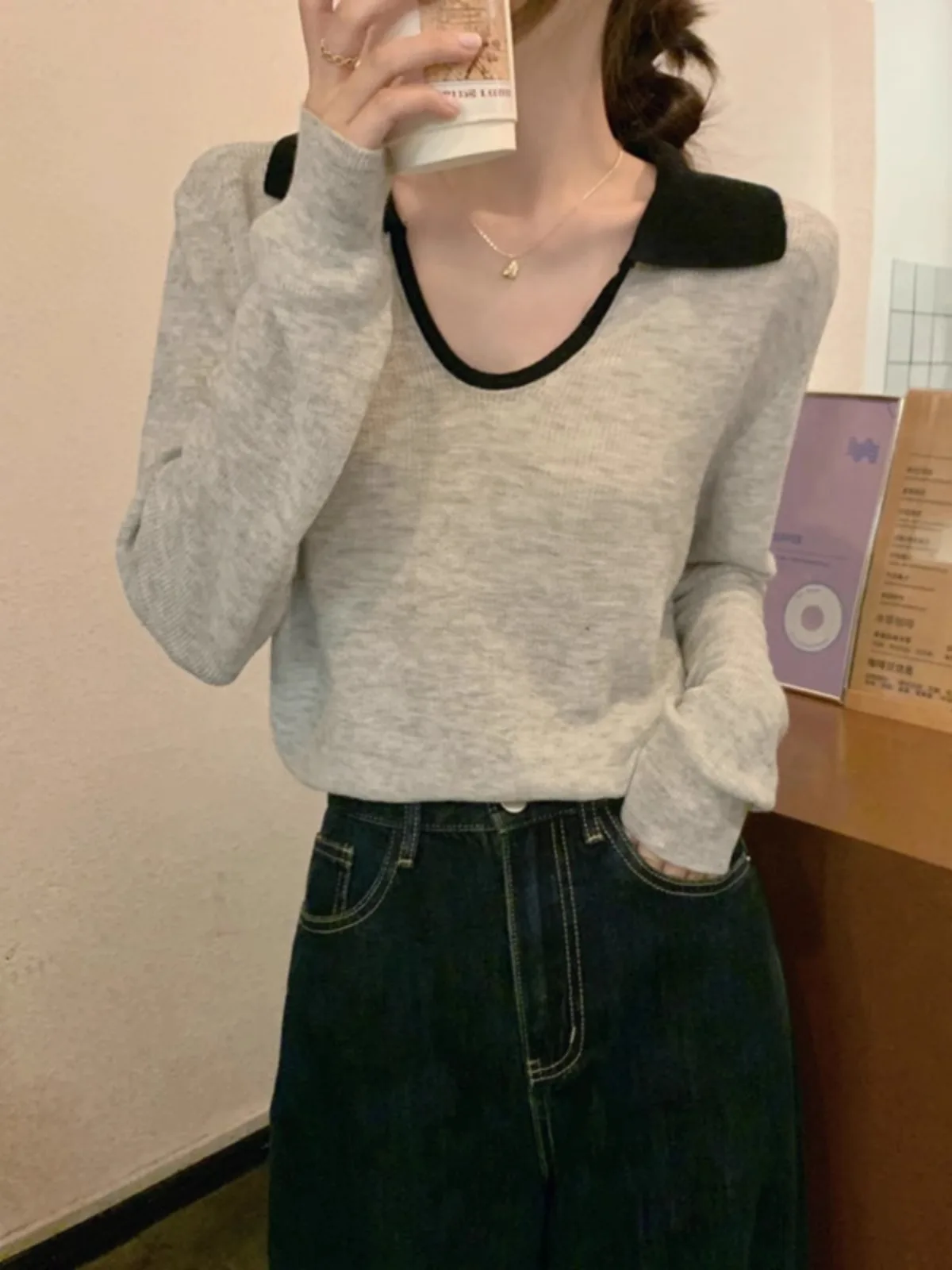 POLO collar cashmere sweater women\'s spring and autumn thin loose V-neck sweater contrast color wool base shirt