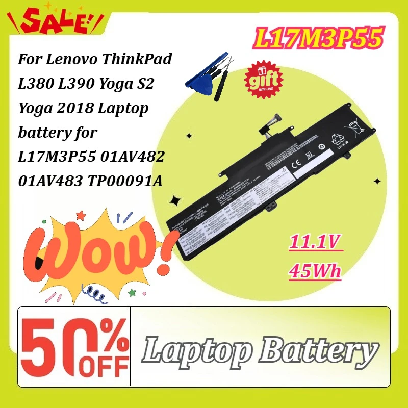 New L17M3P55 11.1V 45Wh 4080mAh Laptop Battery for Lenovo ThinkPad L380 L390 Yoga S2 Yoga 2018 L17M3P55 01AV482 01AV483 TP00091A