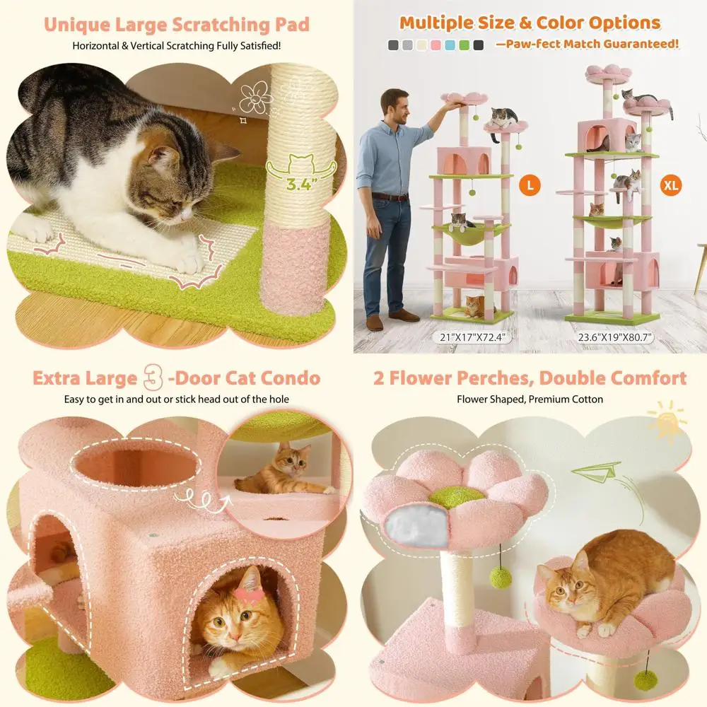 

Большой кошачий домик-дерево розового цвета (72 дюйма) со стальным каркасом, гамаком, 7 стойками для когтей, 2 домиками и лежанками для домашних кошек