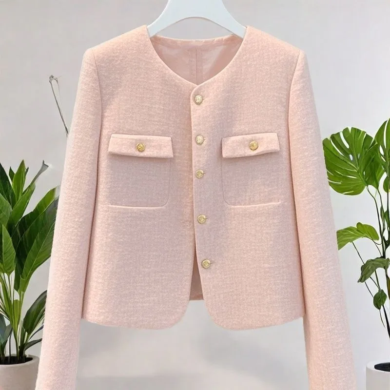 

Новинка осени и зимы 2025, уникальные универсальные топы, корейские высококачественные розовые короткие универсальные пальто с круглым вырезом и длинными рукавами для женщин