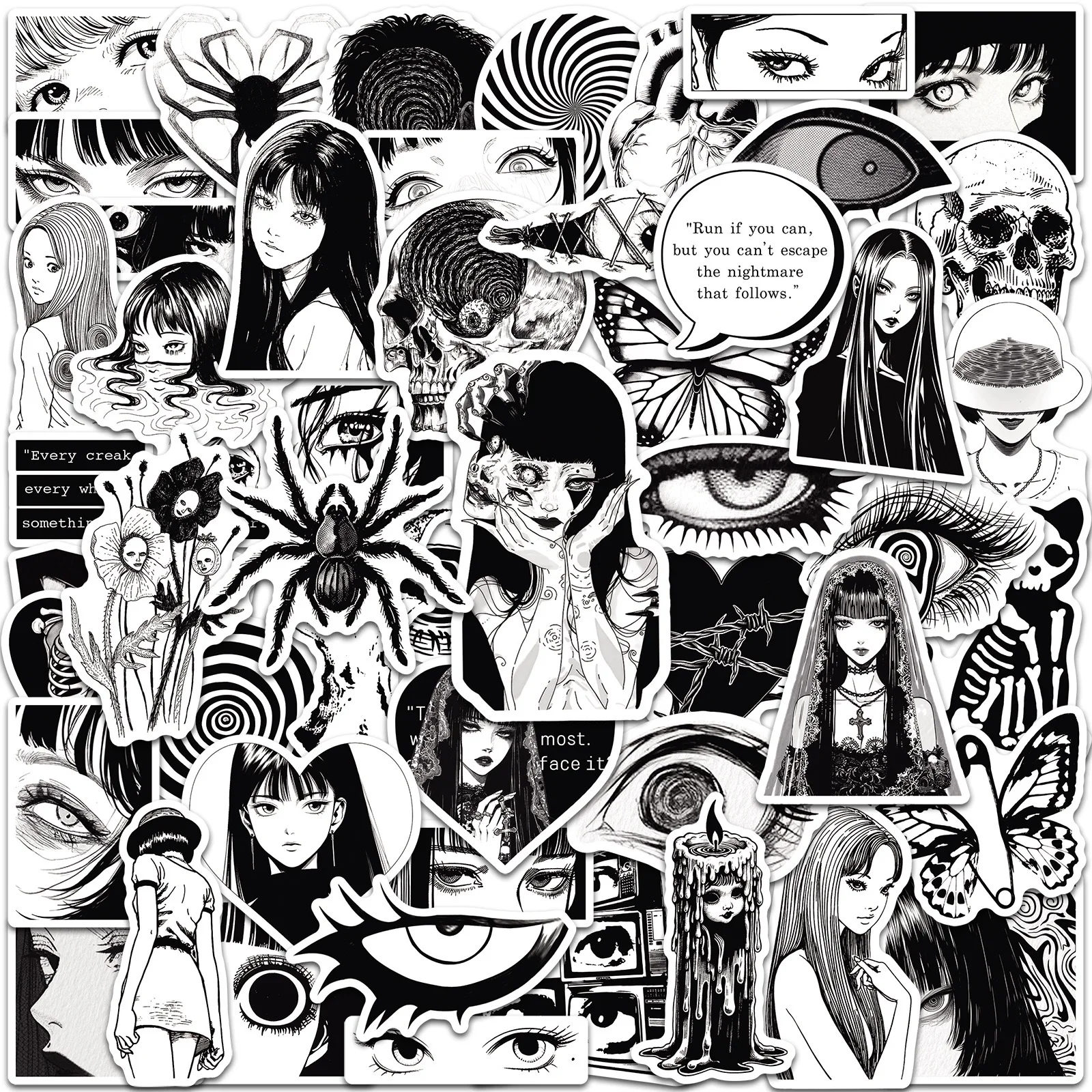 50 Pegatinas Estilo Anime en Blanco y Negro con Diseño de Chicas de Terror, Estéticas para DIY, Scrapbooking, Cuadernos, Equipaje, Laptops, Patinetas y Autos