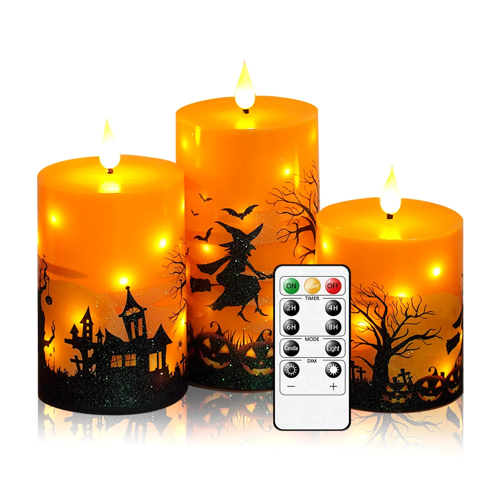 3in Halloween Decoration Flameless LED Candles Paraffin Wax Flickering Remote Timer Built-in Fairy Light Halloween Print candle