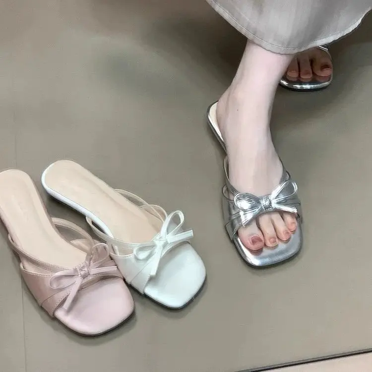 Knot Casual Slip-On Women's Sandals Comfortable Outdoor Wear Summer New Style High-End Feeling Square Head Toe-Open Slippers
