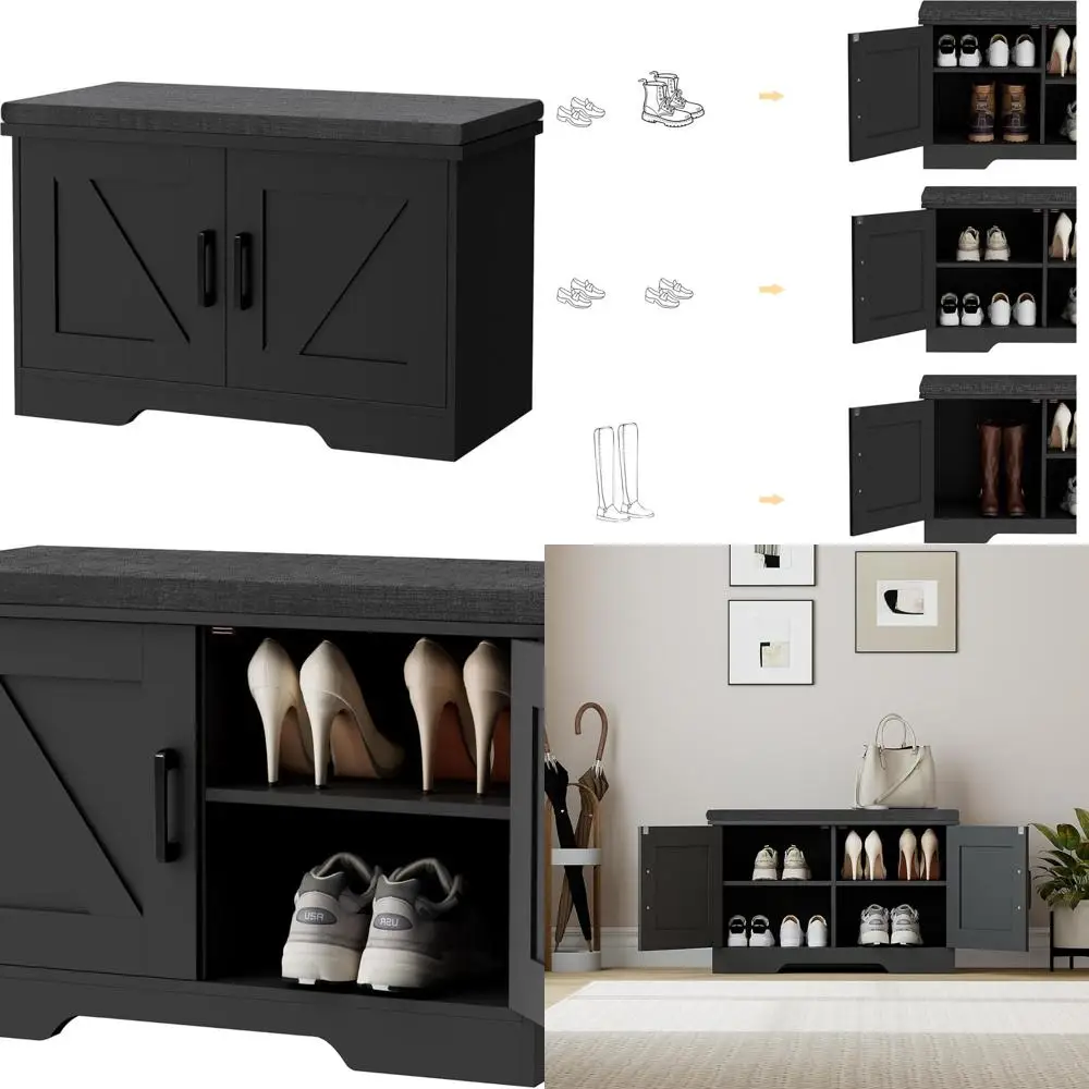 مقعد تخزين أحذية واسع مع مقعد مبطن، أثاث مدخل من طبقتين، أبواب الحظيرة، رف قابل للتعديل، أسود #1