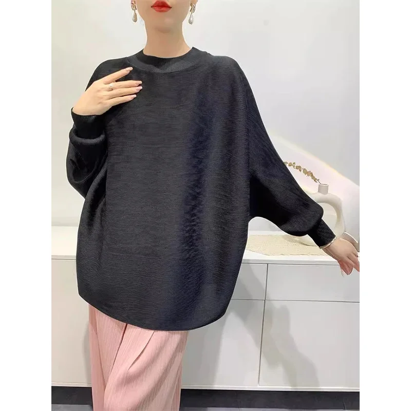 Pleated T Shirt Women Full Batwing Long Sleeve Loose Solid Color Stand Collar Versatile Casual Female New 2024 Clothing