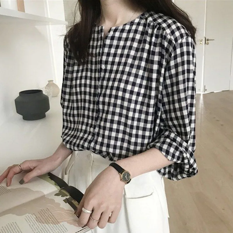 

Summer Fashion New Korean Round Neck Plaid Loose Sweet Casual Long-sleeved Shirt Simple Versatile Short Sleeved T-shirt Top