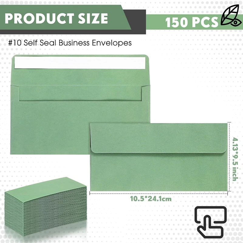 Envelopes de negócios auto-adesivos, Envelopes verdes sábio, Envelopes carta padrão, 4,13x9,49 polegadas, 150 PCs