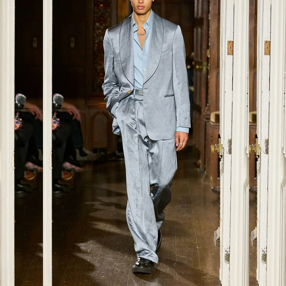 

Light Blue Satin Men Suits 2 Pieces One Button Shawl Lapel Blazer Pant Sets Wedding Business Office Daily Custom Male Clothing