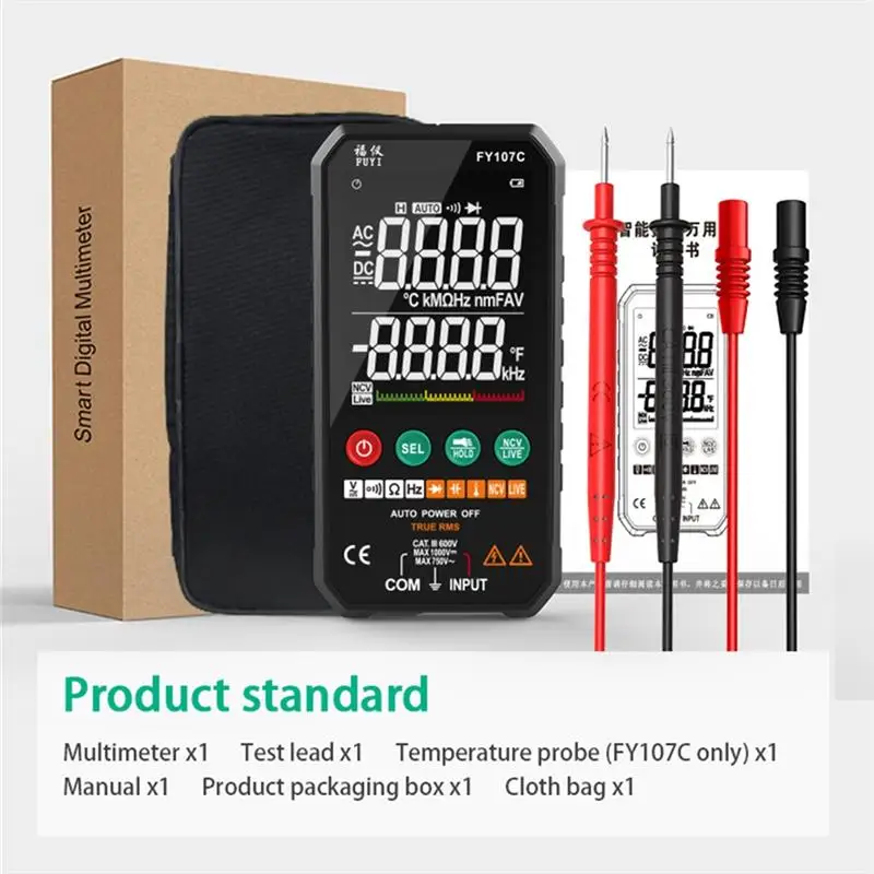 FY107 Digital Multimeter 6000 Counts Tester RMS AC DC NCV Transistor Duty Multimetro Voltage Auto Range Multimeter