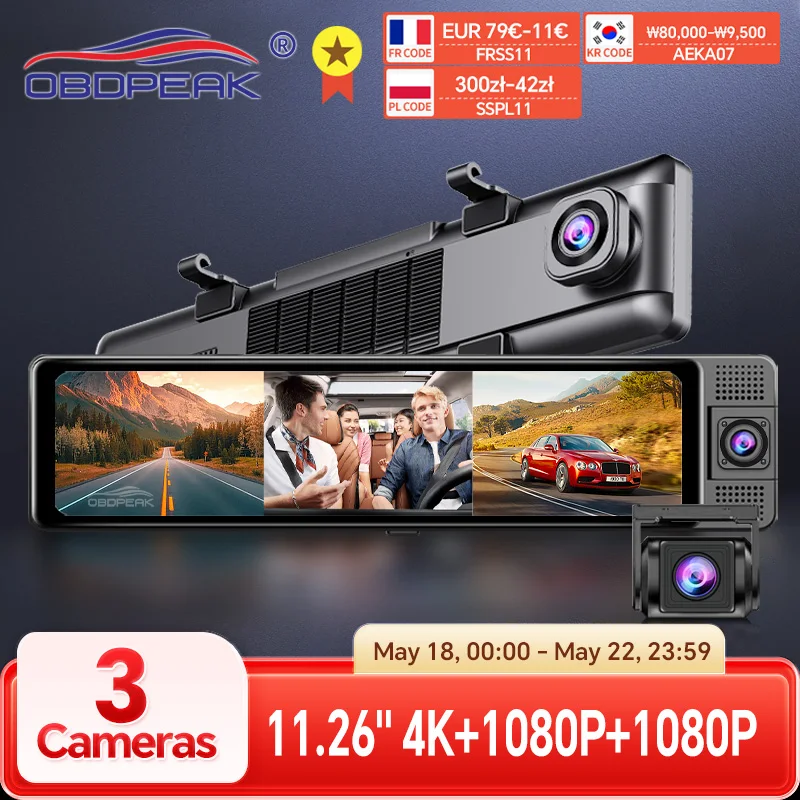 Cámara de salpicadero H330, espejo retrovisor de 3 canales, parte delantera interior trasera, 4K + 1080P + 1080P, WiFi, GPS, lente Dual, cámara Dvr para coche, visión nocturna infrarroja