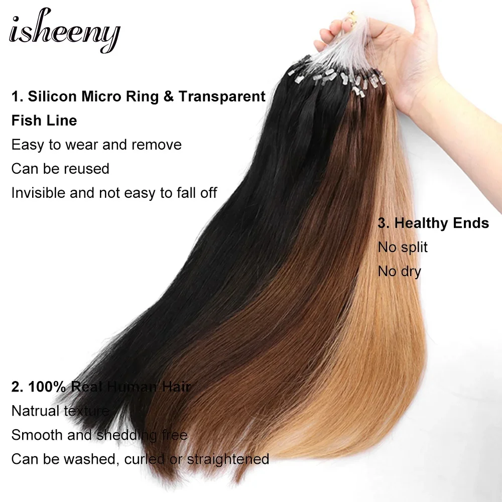 Isheeny 마이크로 루프 헤어 익스텐션 여성을위한 패션 스트레이트 기계 레미 인간의 머리카락 집에서 쉬운 설치 30 그램/갑 12-20 인치