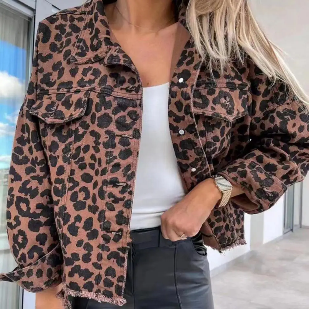 

Spring Fall Women Jacket Leopard Pattern Turn-down Collar Single-breasted Outerwear Washed Distressed Ripped Hem Lady Denim Coat