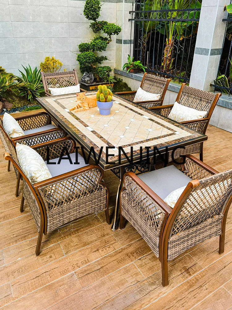 RWJ Outdoor Courtyard Table and Chair Combination Tile Table Balcony Rattan Chair Home Garden Table and Chair