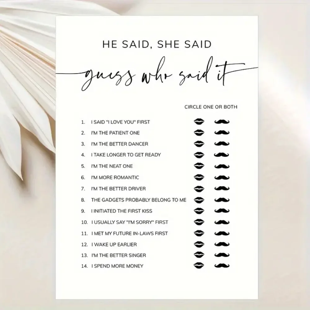 20pcs Bridal Shower Game Cards - He Said She Said Game - Wedding Party Games Game Cards, Engagement Party Game, Modern Bridal Sh