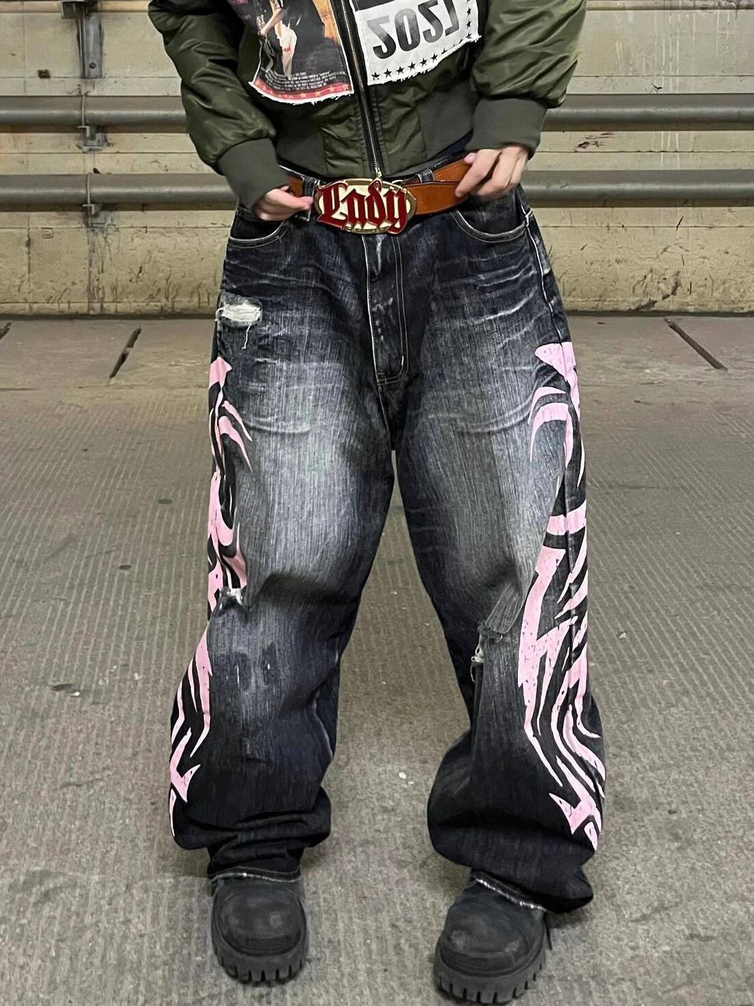 Men's Mottled Totem Print Jeans American Style Old Washed Wide Leg Retro Loose Fashion Trend Wide Leg Jeans Goth Pant Y2K Unisex