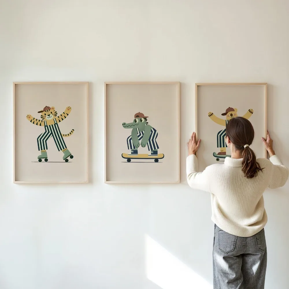 Frameless Children's Room Wall Art/Fun Nursery Decor/Skating Animal Wall Art/neutral Wall Art/living Room Bedroom Wall Decor