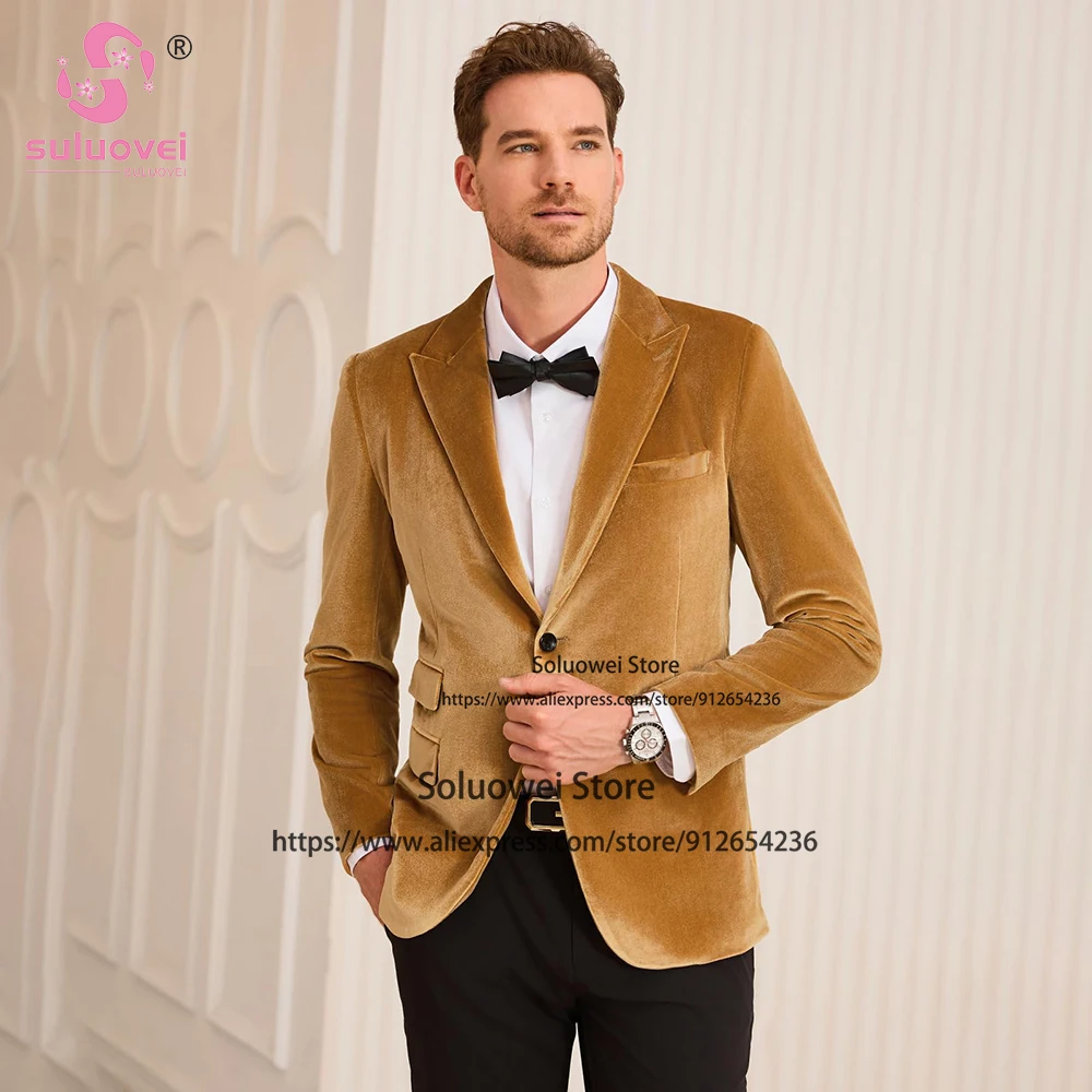 Fashion Velvet Slim Fit Suits For Men Slim Fit 2 Piece Pants Set Formal Grooms Wedding Tuxedos Blazer Costume Homme Pour Mariage