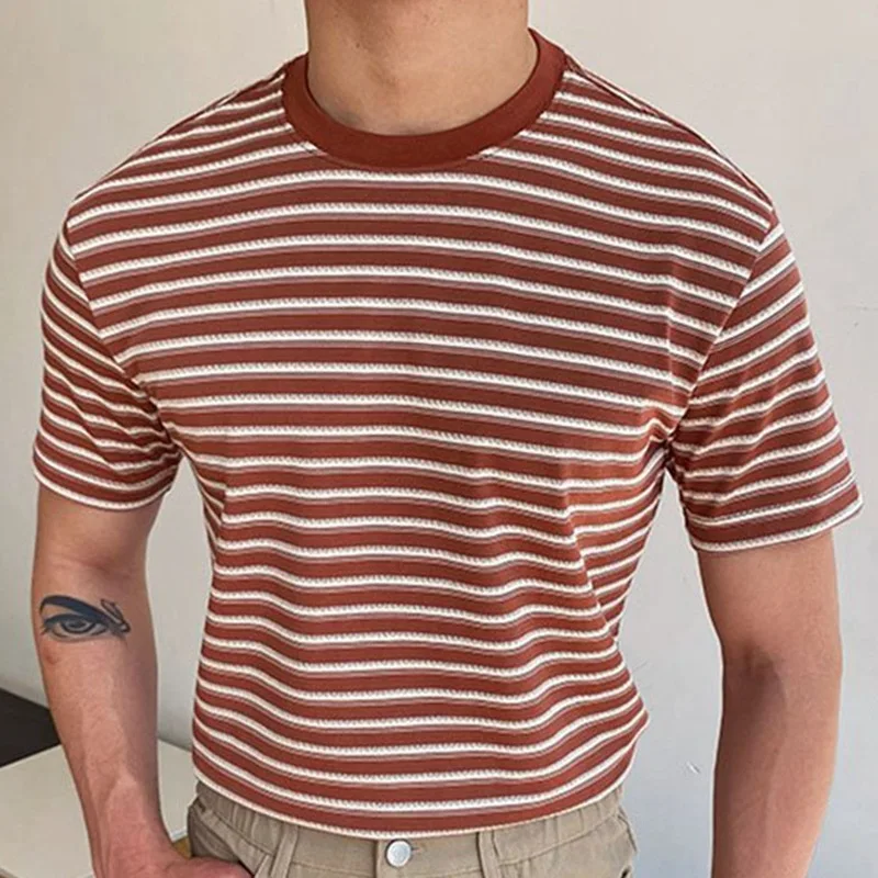 Men's Fashion Horizontal Stripe Round Neck Short Sleeve T-shirt Summer Fashion Leisure Flexibility T Shirts Athletic Men's Tee