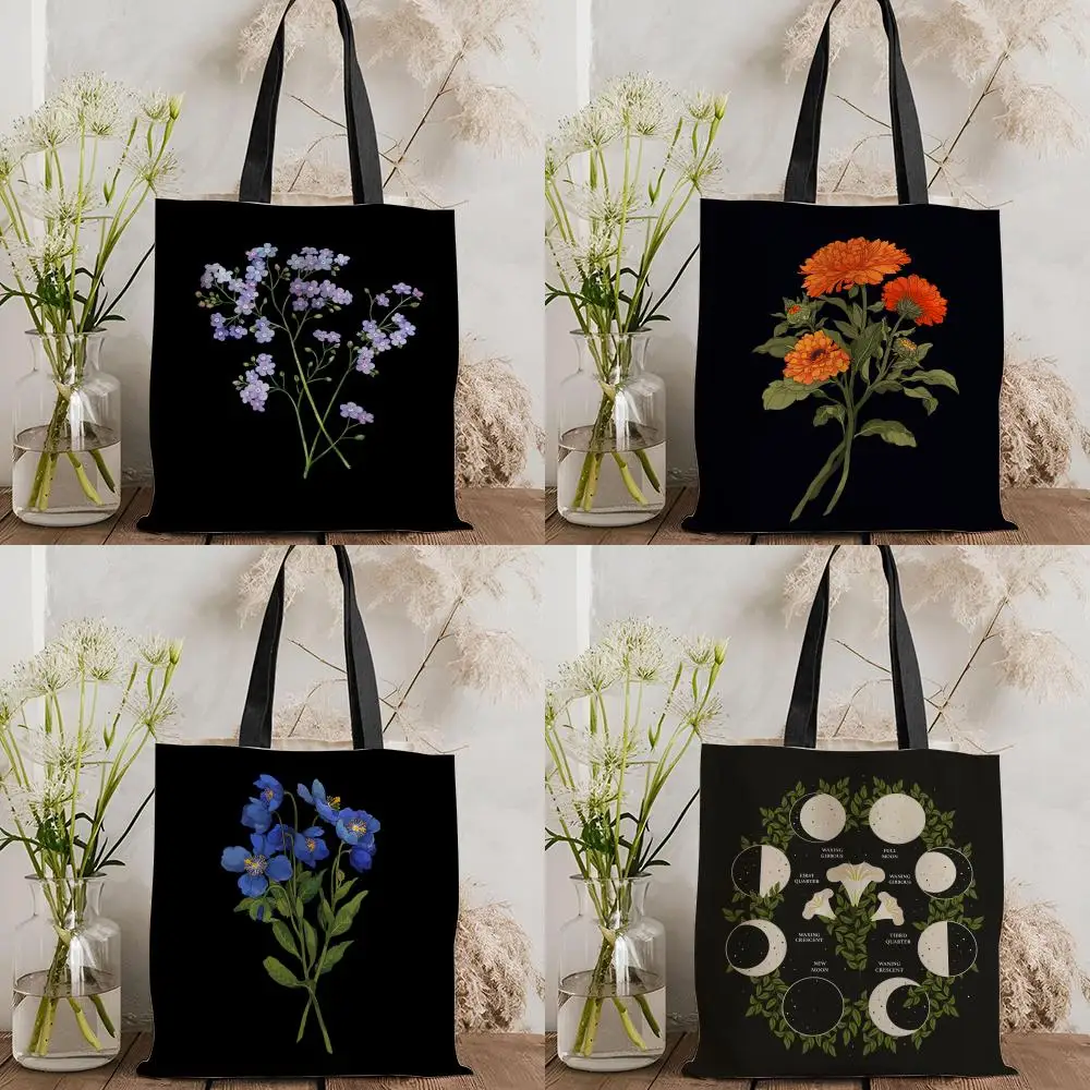 Popular Retro Flowers Storage Bags Double-Sided Printed Canvas Tote Bag Eco-Friendly Reusable Large Capacity Handbag