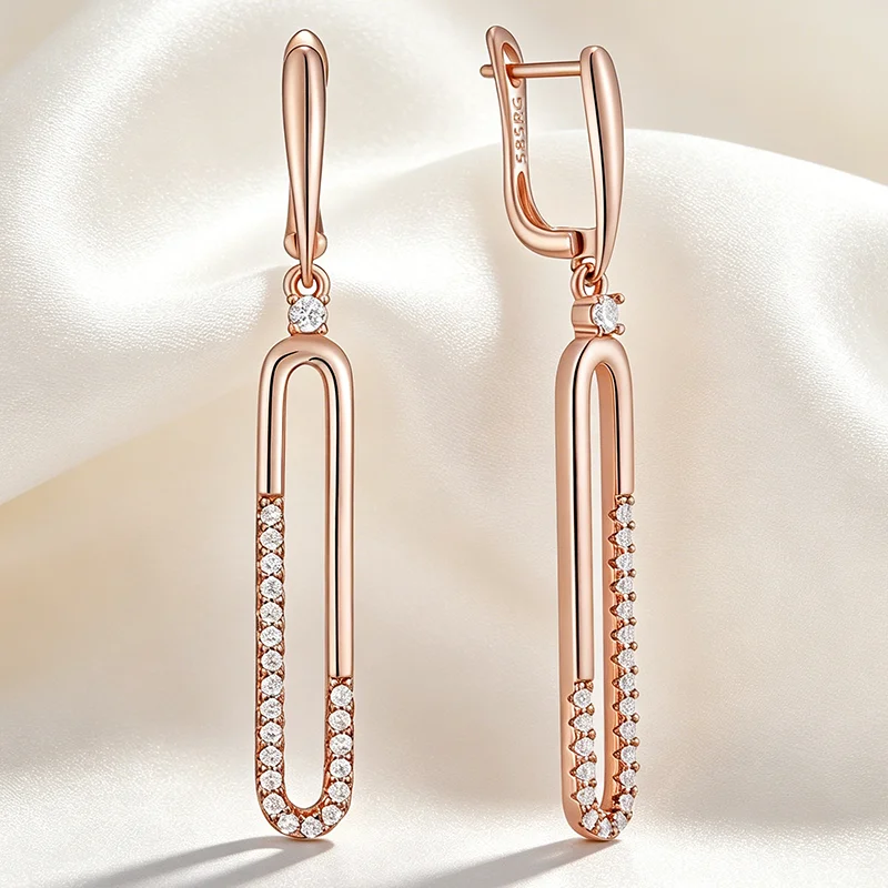 Kinel Ungewöhnlicher glänzender geometrischer 585-Roségold-Farb-Tropfenohrring für Damen, modische Accessoires aus natürlichem Zirkon, täglicher edler Schmuck