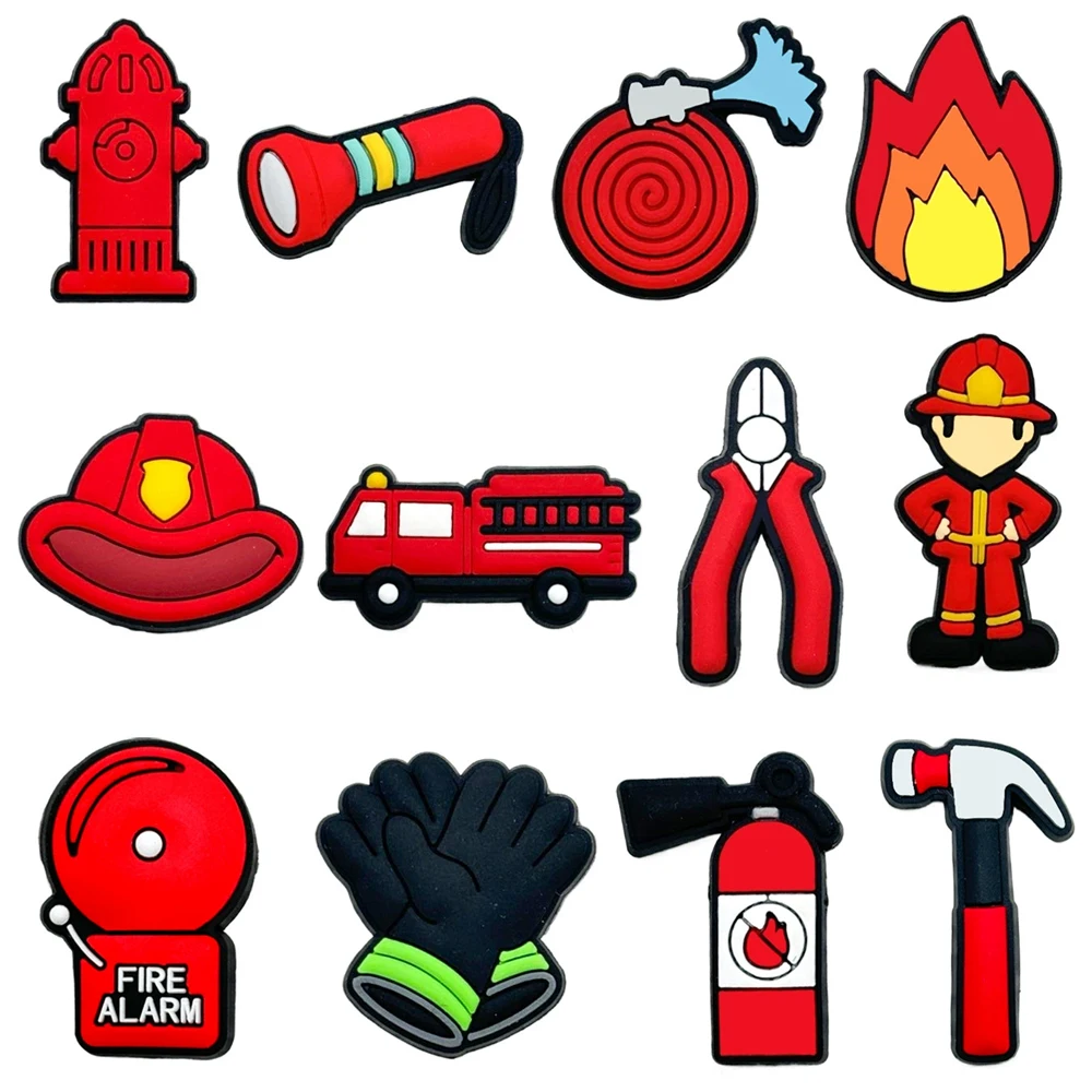 5-100PCS Cartoon Fire Truck Flame Firefighter Shoe Charm PVC Wristband Bag Decor Buckle Detachable DIY Waterproof Party Gift