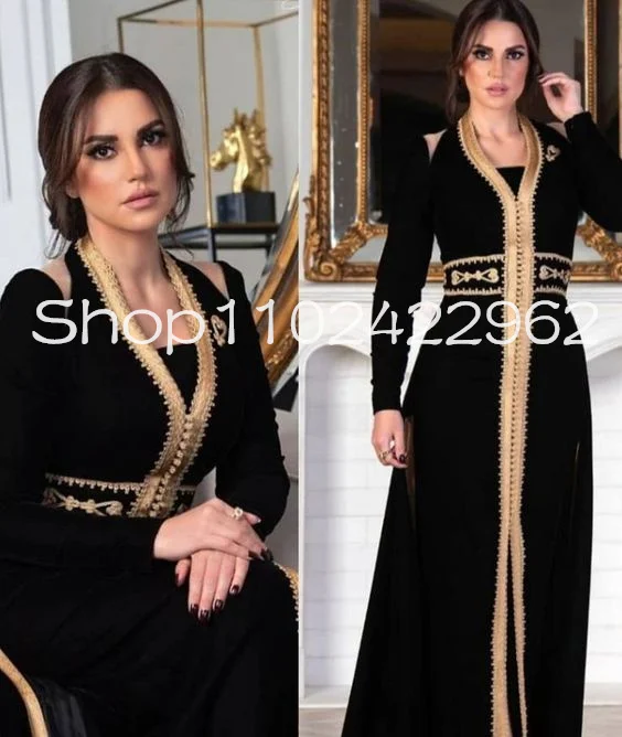 Schwarzer Samt Algerien Kaftan Abschluss ball Anlass Kleider mit Langarm Gold Applikation sexy Schlitz Arabisch Nahost Abendkleid