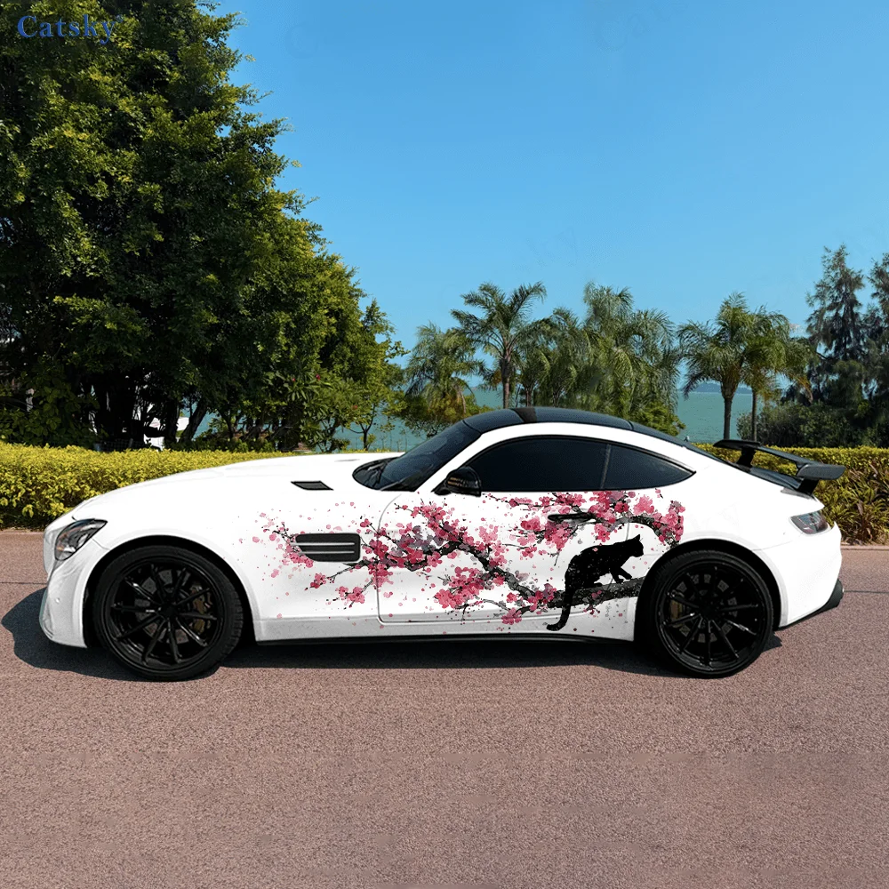 

Черная кошка, цветочная ветка, боковая наклейка для автомобиля, водонепроницаемая ПВХ-наклейка, устойчивая к царапинам, защита автомобиля, автоаксессуары в подарок