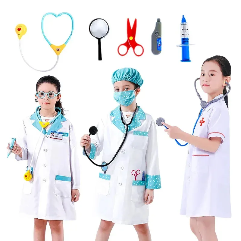 أأ ★ COS طبيب سترة زي الفتيات ممرضة الوظيفي موحدة الطبيب البيطري القمم هالوين دور اللعب الطبية قفازات مجموعة جديد 2025