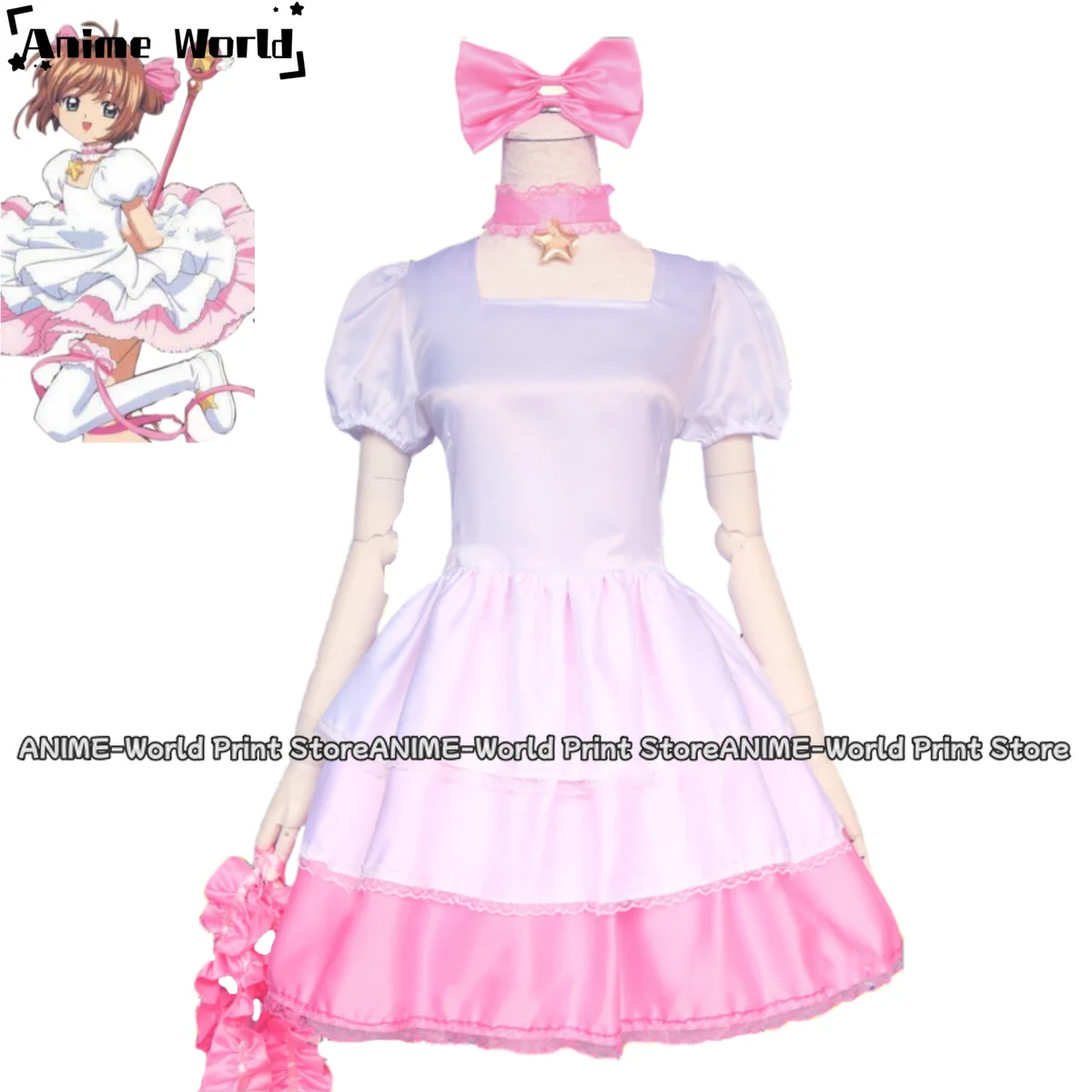 Sakura Cardcaptor Cosplay Anime com Peruca para Mulheres, Kinomoto Sakura, vestido rosa e branco, Lolita, Fato de Aniversário Kawaii