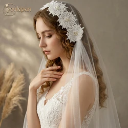 TOPQUEEN Bridal Outdoor Wedding Accessories Flower Pearl Lace Edge Ivory Veil Single Short Super Soft Veil With No Comb V253