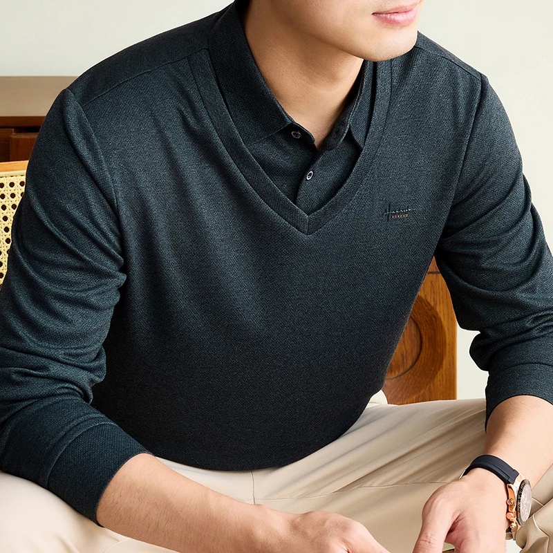 Exquisite Men's Designer Advanced Lapel Polo Shirt Autumn Containing Cotton Warm Fake Two Piece Sleeve T-Shirt Casual Men's Wear