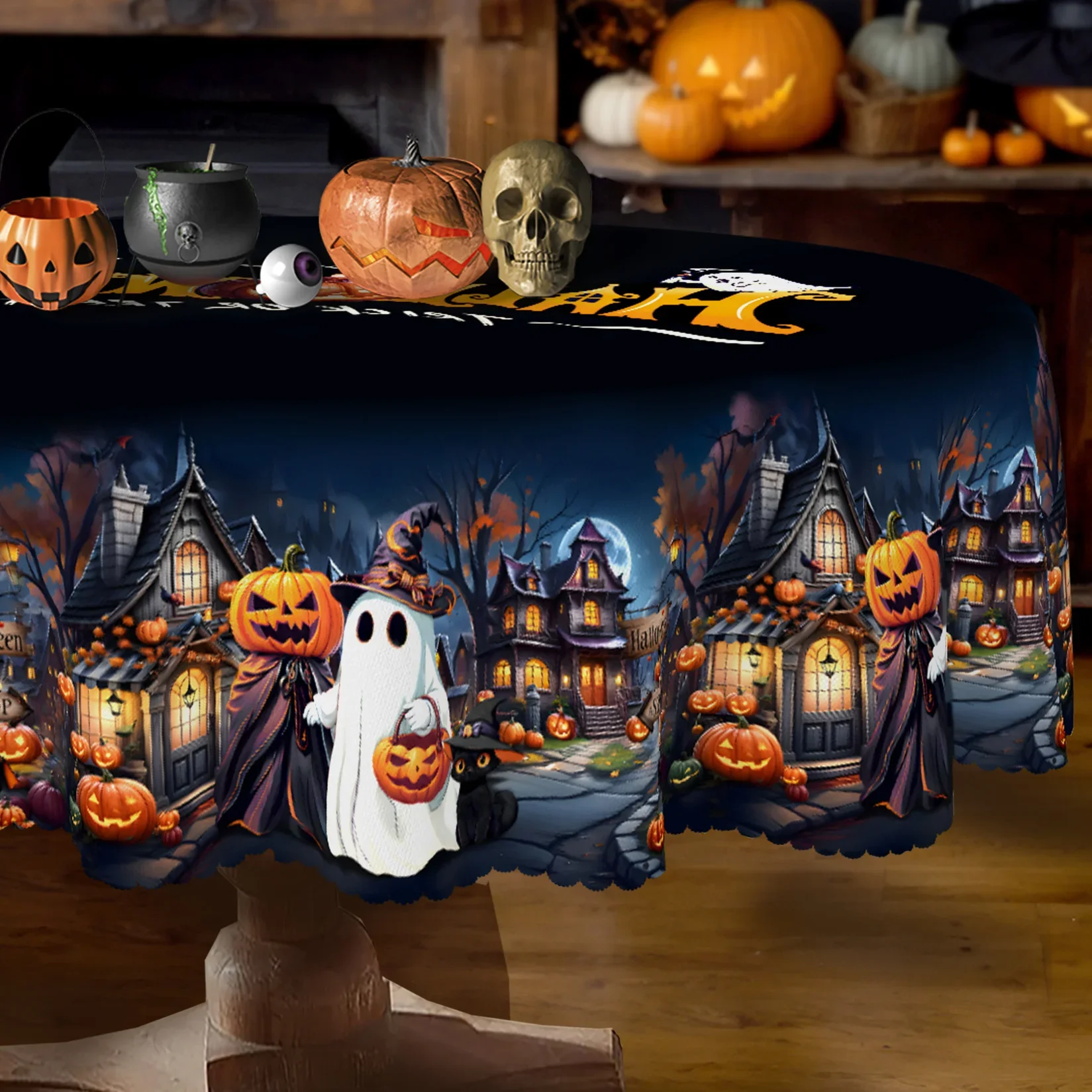 Happy Halloween tablecloth, with ghost pumpkins, black cats, castle, bats, pumpkin lanterns and moon design.yzb