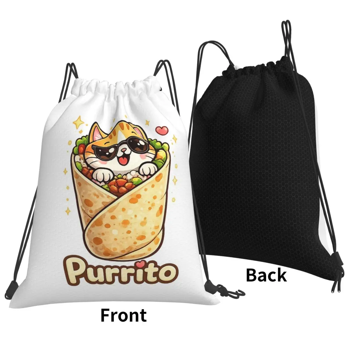 Purrito Cat Cute Burrito Cat Kawaii Food Pun Backpacks Casual Drawstring Bundle Pocket Sports Bag Book Bags for Travel School