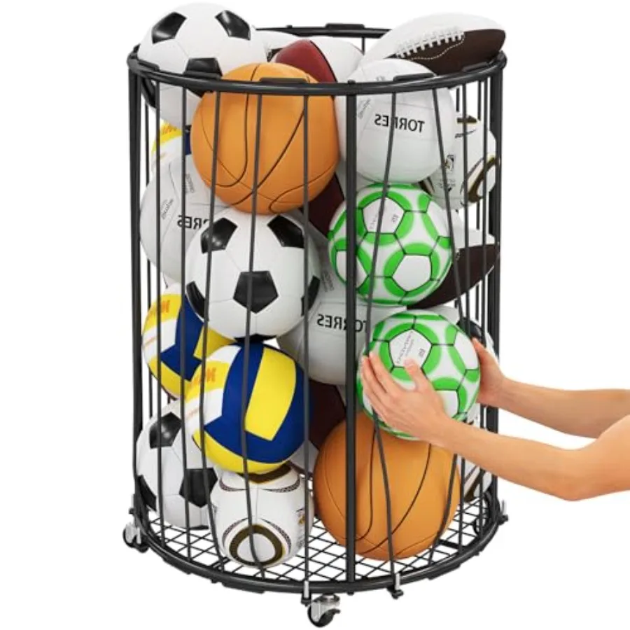 

Garage Ball Storage: Round Sports Equipment Organizer with Wheels Sports Ball Rack With Elastic Rope Ball Holder for Basketball