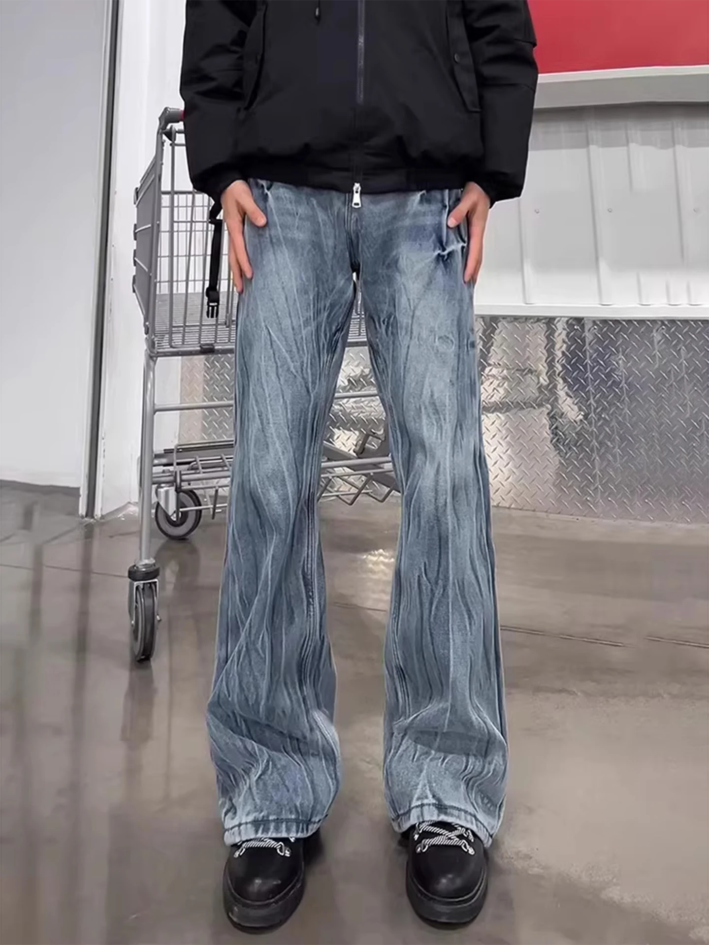 

American High Street Lightning Pattern Men's Jeans Spring Autumn Waed Vintage Vibe Cleanfit Flared Pants Youth Casual Denim