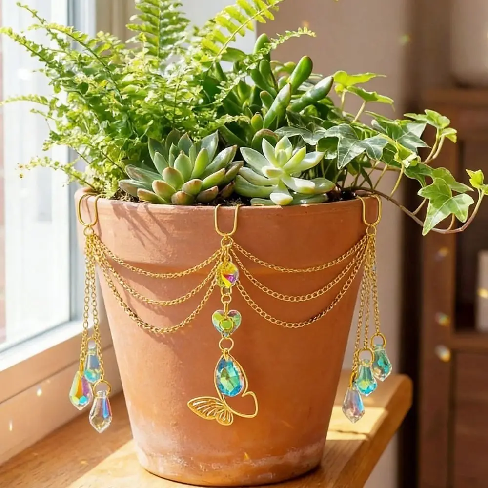 Colorful Flower Pot Crystal Sun Catcher Butterfly Design Exquisite Hanging Pot Crystal Reflective Decorative