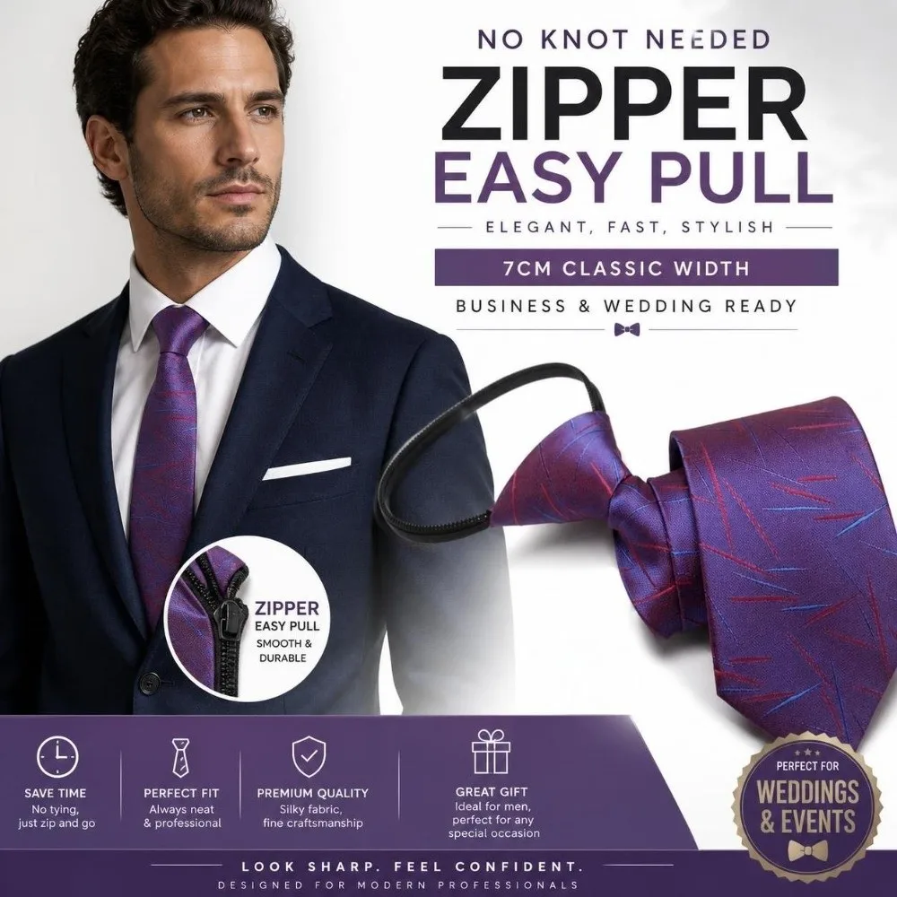 No-Tie Easy Zipper Tie 7cm Width with Elastic Band Easy Pull Lazy Tie Plaid Multi-Color Pre-Tied Zipper Necktie Formal Office