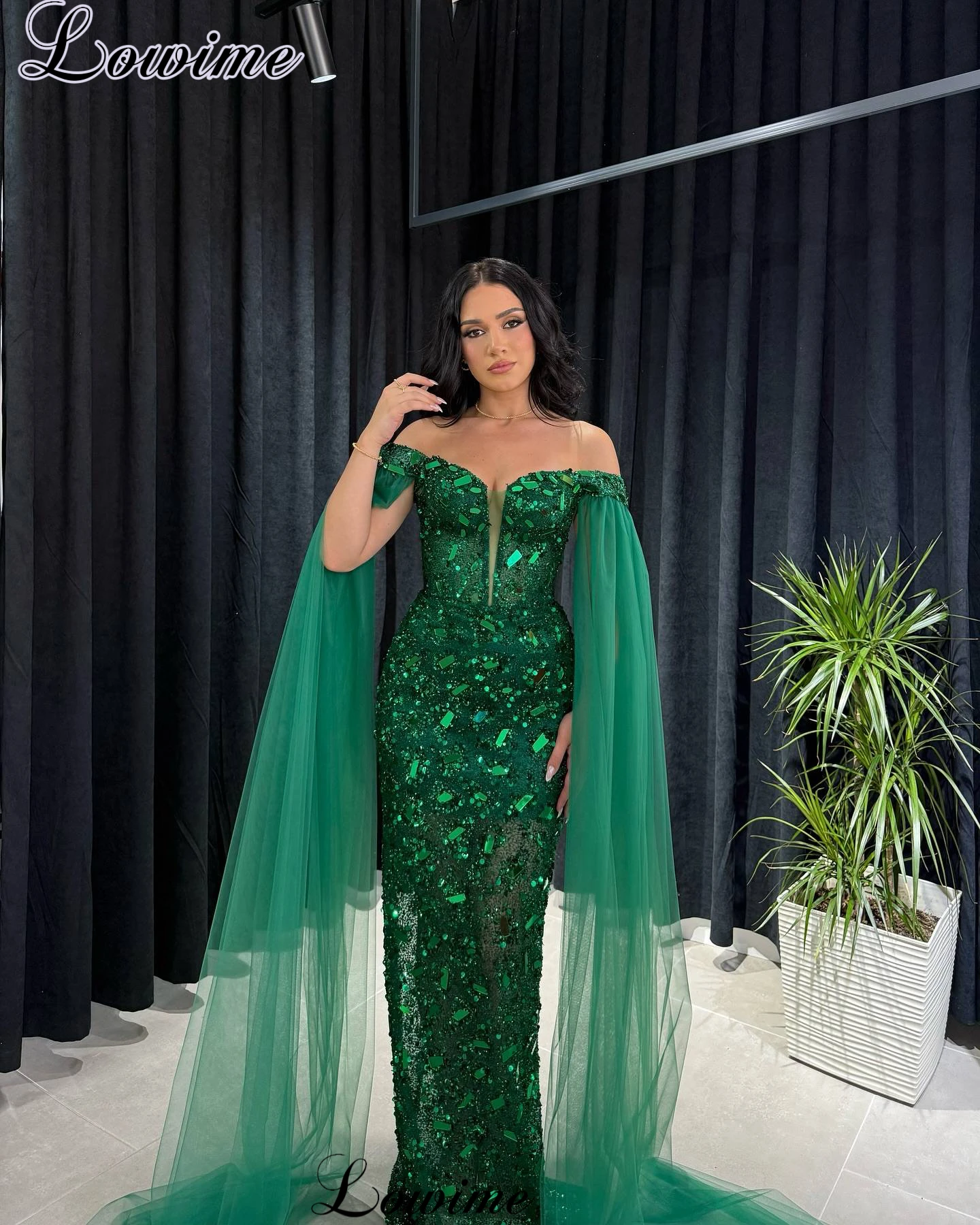 

Simple Green Sequined Prom Dresses Mermaid Off Shoulder Special Occasion Dress Evening Party Gowns Vestidos De Cóctel Customized