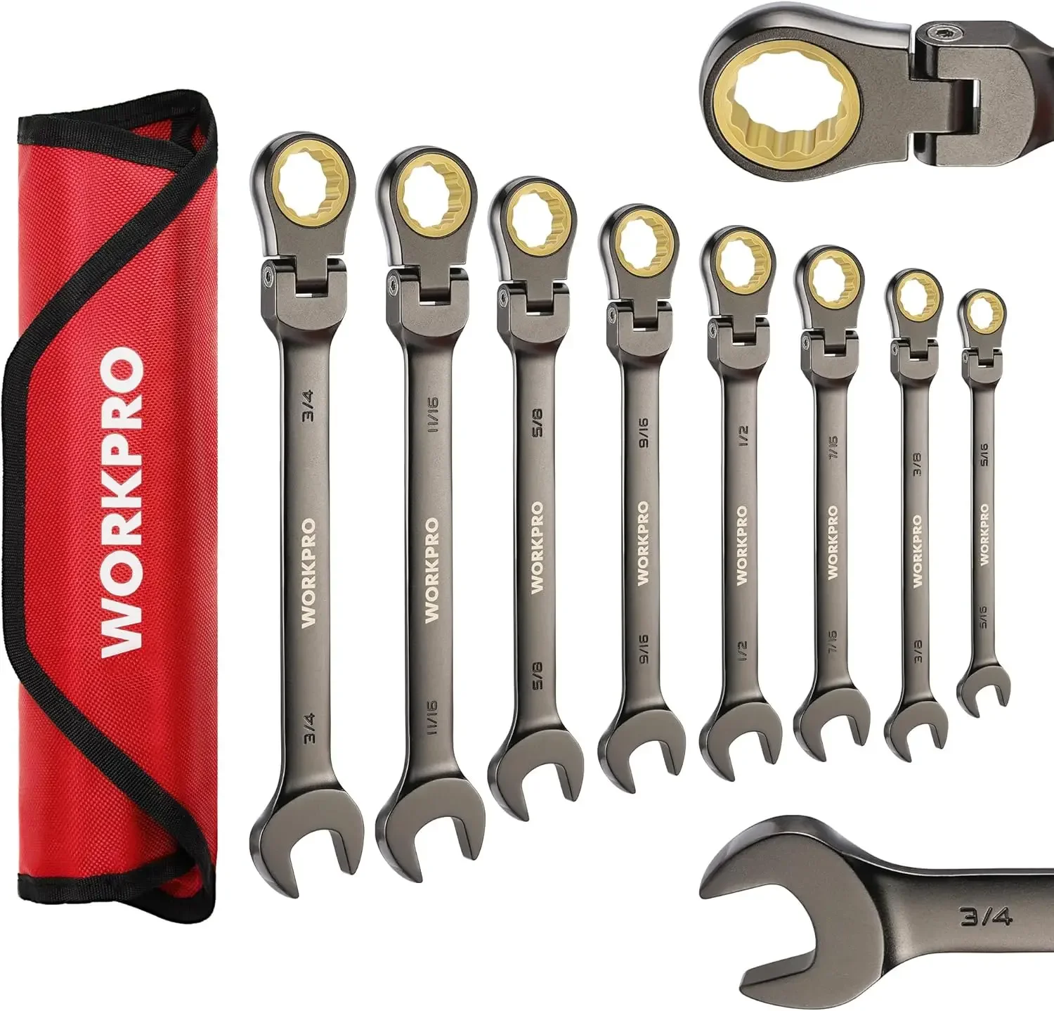 

8-piece Flex-Head Ratcheting Combination Wrench Set SAE 5/16-3/4 in, 72-Teeth Cr-V Constructed Nickel Plating with Organizer Bag