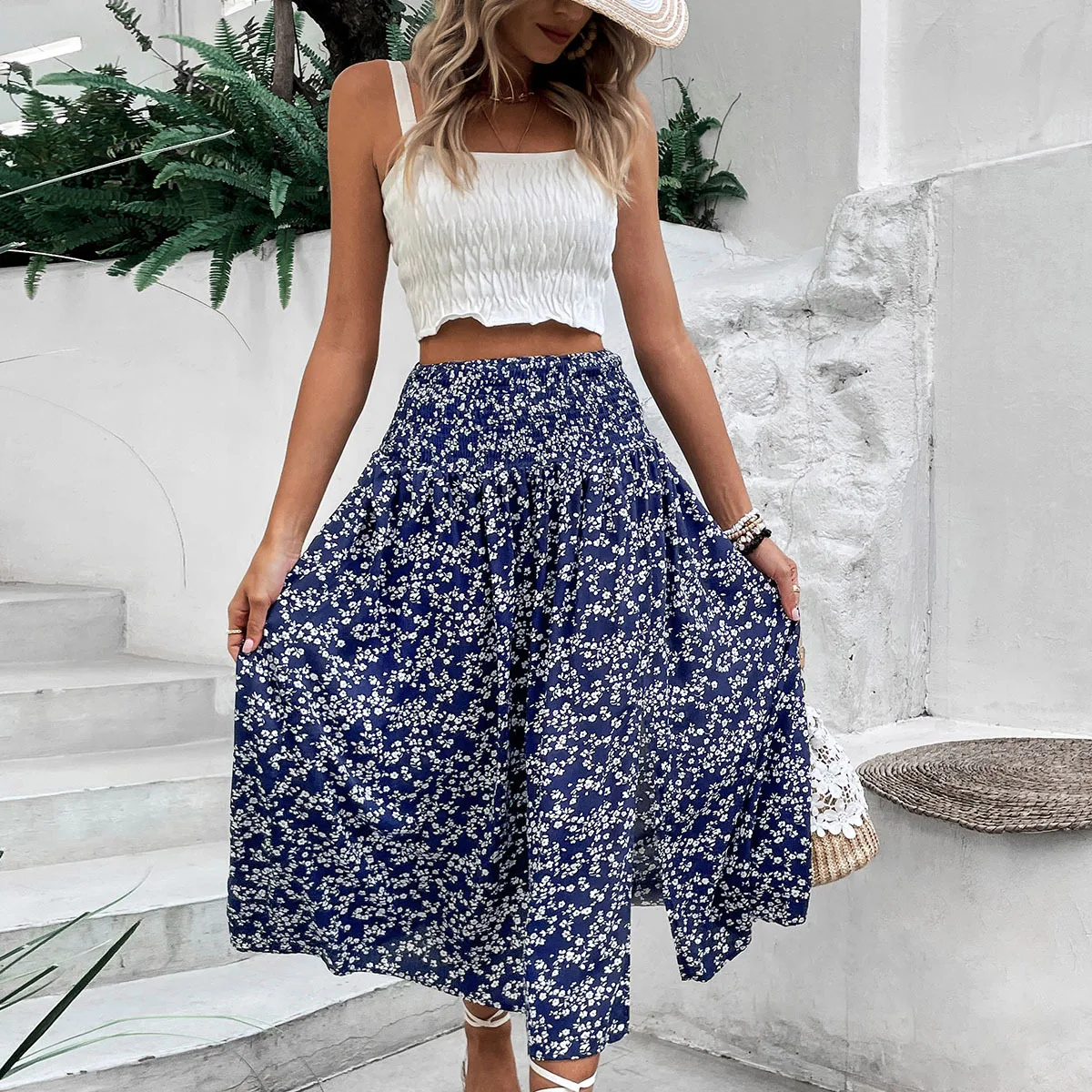 Mid Length Skirts Women Skirt A Line Slim Streetwear Maxi Y2k Elegant Splice Print Floral Casual High Waist Beach Summer 2025
