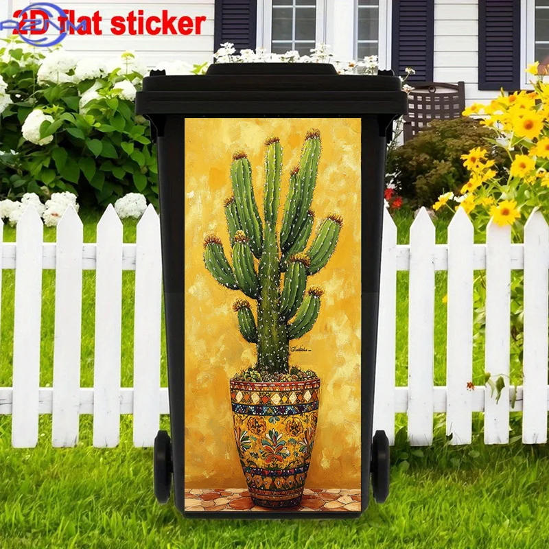 Pegatina para Bote de Basura con Diseño de Cactus | Pegatinas coloridas para cerámica, hermosas pegatinas artísticas autoadhesivas, tono amarillo cálido, removibles