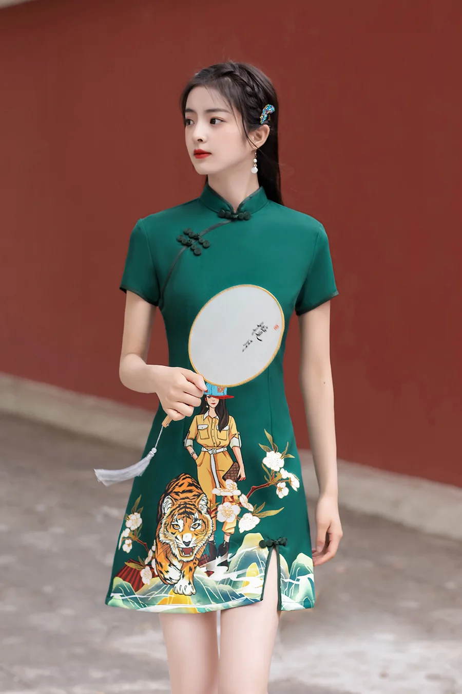 

3 Colors Women Tiger Print Cheongsam Summer Short Sleeve Vintage Short Dress Female Costumes Chinese Style Qipao S To XXL