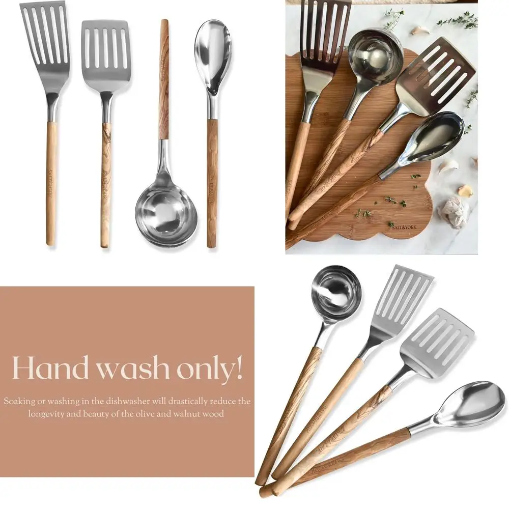 

Набор кухонных инструментов из нержавеющей стали из 4 предметов с деревянными ручками: лопаточка, ковш, ложка — подарок для приготовления пищи премиум-класса