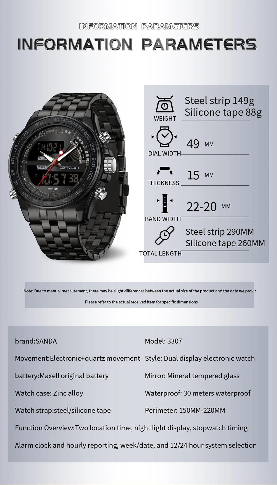ساعة SANDA 3307 للرجال عصرية وأنيقة ومتعددة الوظائف كوارتز إلكترونية دائرية للأعمال بحزام عرض مزدوج 2025