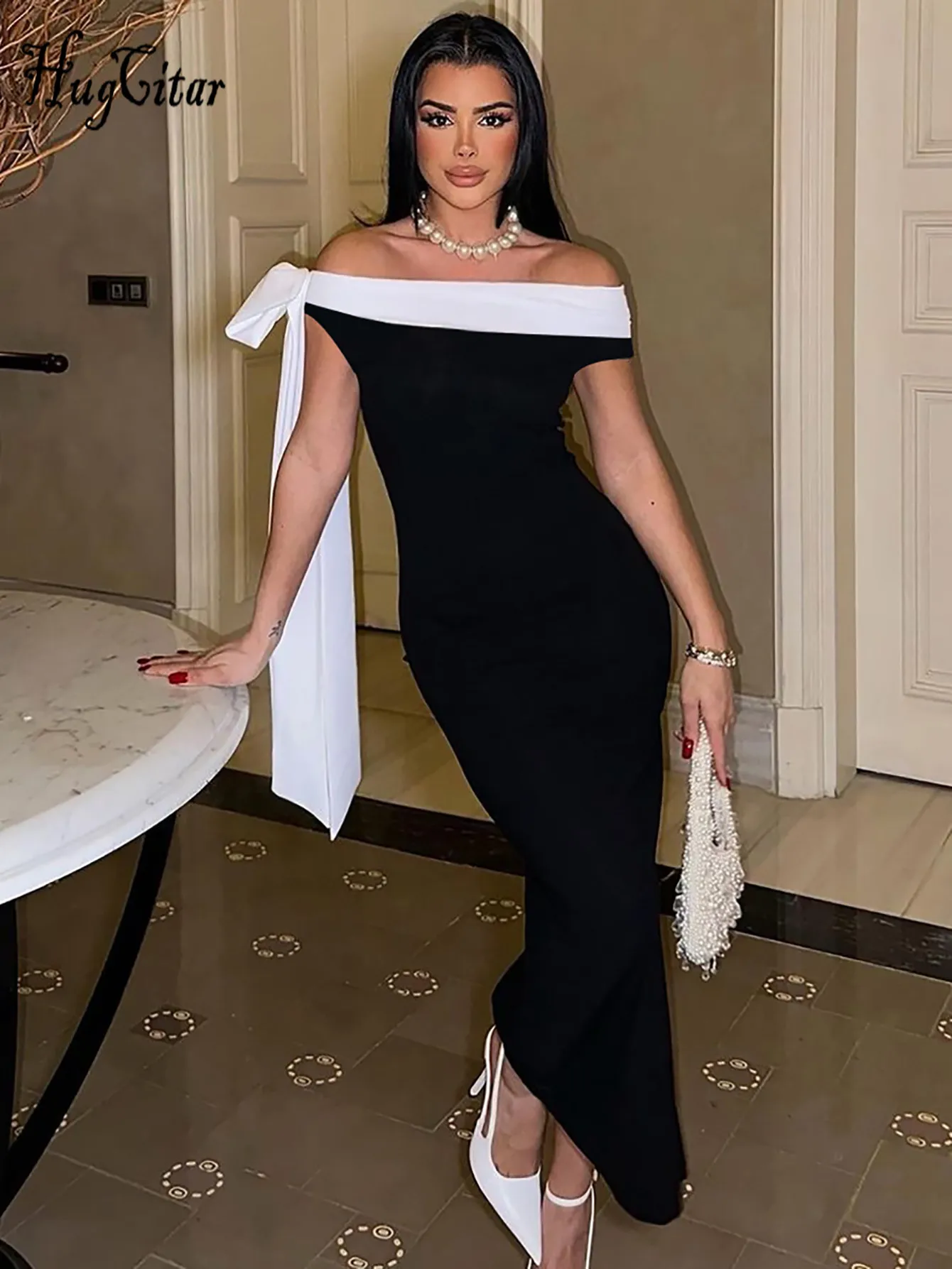 Hugcitar كتلة الألوان مائل الرقبة القوس ضمادة مثير Bodycon ماكسي فستان الحفلة الراقصة الصيف النساء أنيقة Y2K ملابس الزفاف مساء حفلة