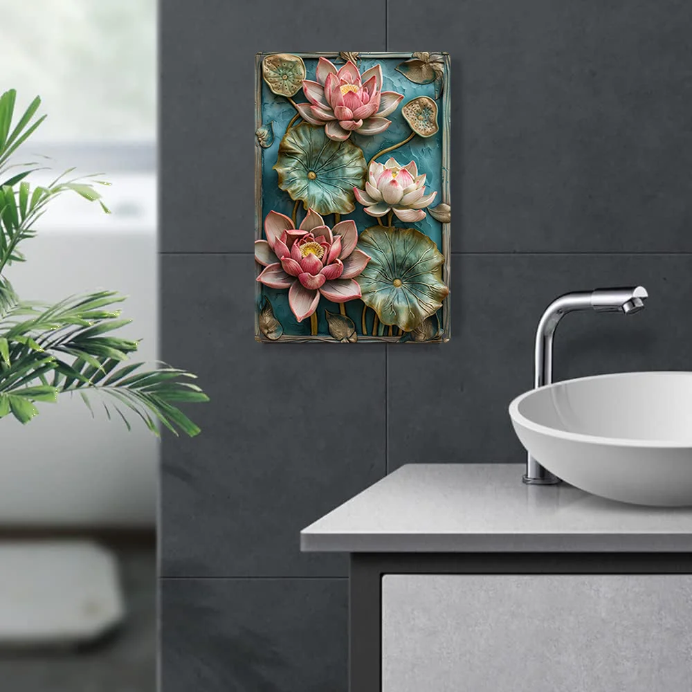 Metal Sign with Lotus Flowers Design, Moisture Resistant Wall Art for Garden, Studio - Durable, High Bending Resistance Decor