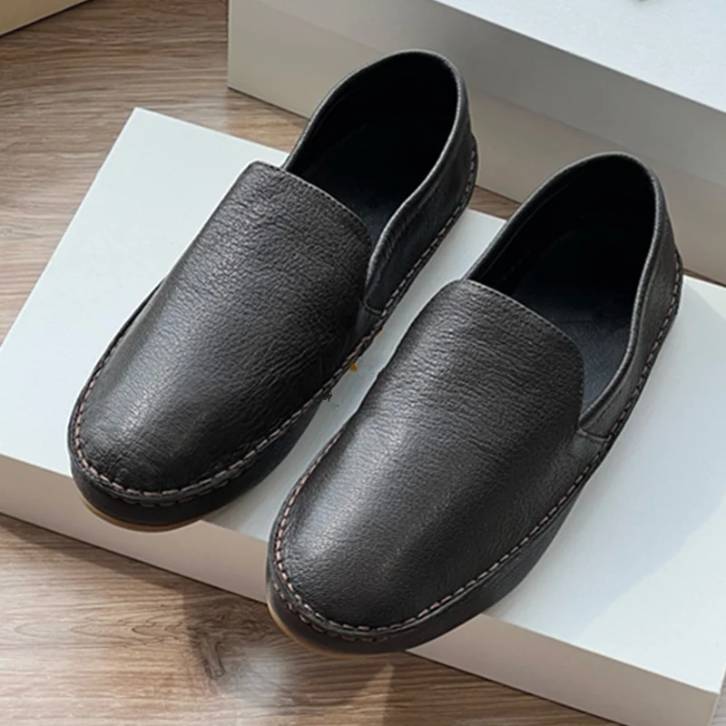 

Jenny&Dave Qaulity Shoes French Retro Tound Toe Grandma Shoes Minimalist Lychee Grain Cowhide Slip-on Flat Shoes Loafers Women